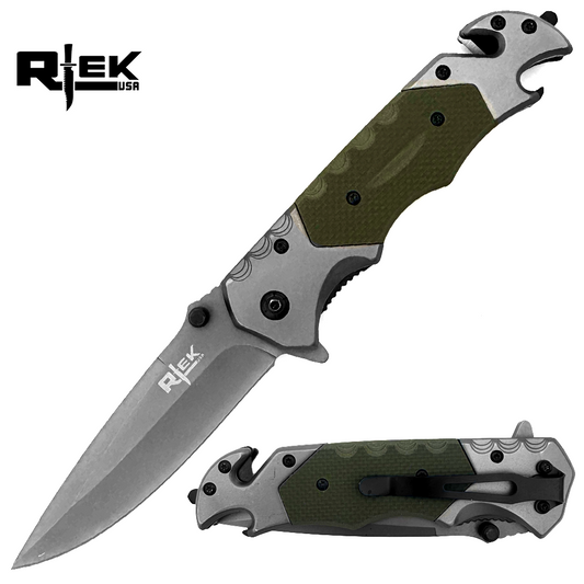 RT 2014-GN 5" Rtek Green G-10 Handle Assist-Open Rescue Folding Knife with Glass Breaker, Belt Cutter, Bottle Opener, & Belt Clip