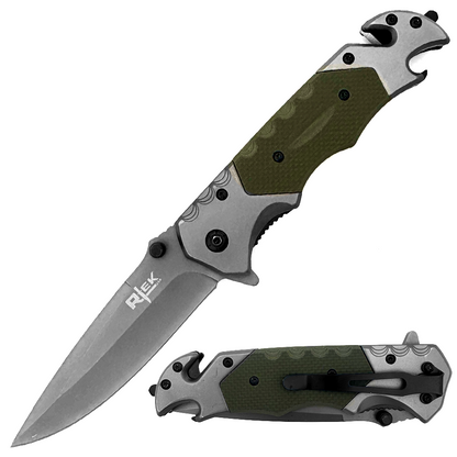 RT 2014-GN 5" Rtek Green G-10 Handle Assist-Open Rescue Folding Knife with Glass Breaker, Belt Cutter, Bottle Opener, & Belt Clip
