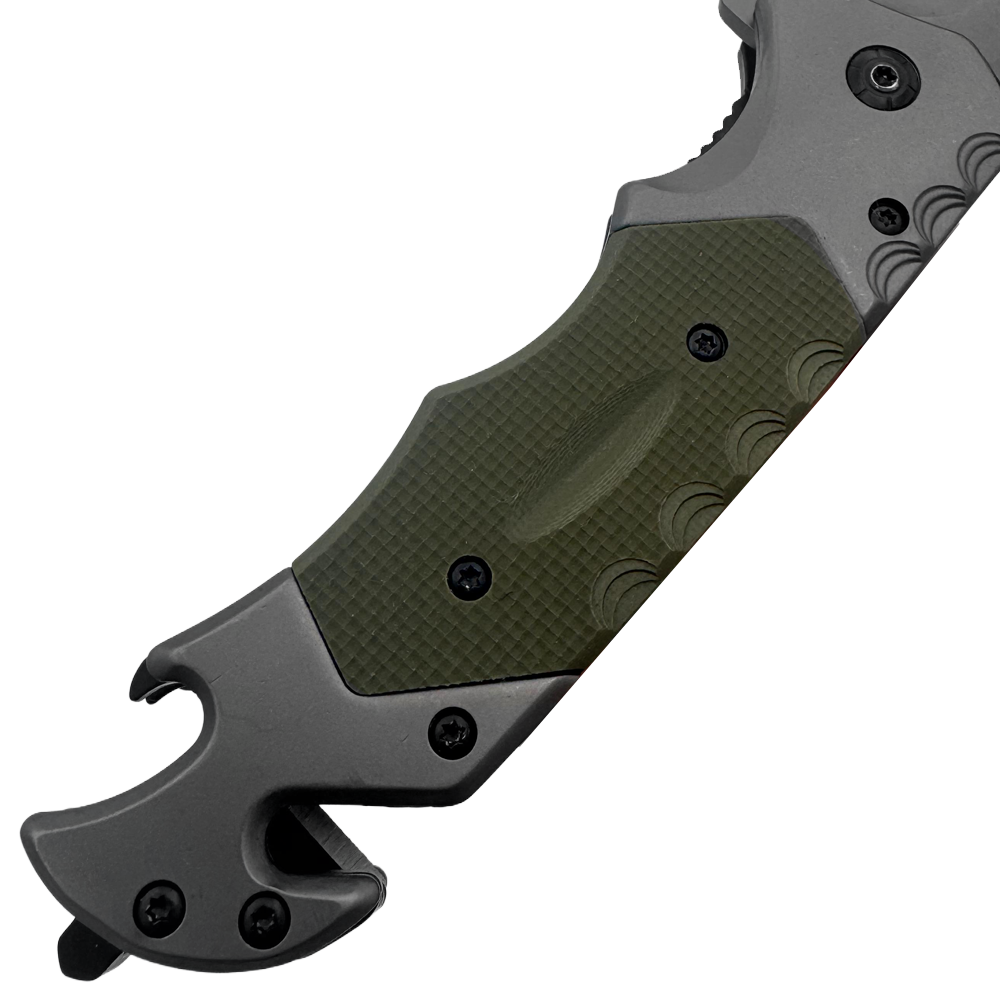 RT 2014-GN 5" Rtek Green G-10 Handle Assist-Open Rescue Folding Knife with Glass Breaker, Belt Cutter, Bottle Opener, & Belt Clip