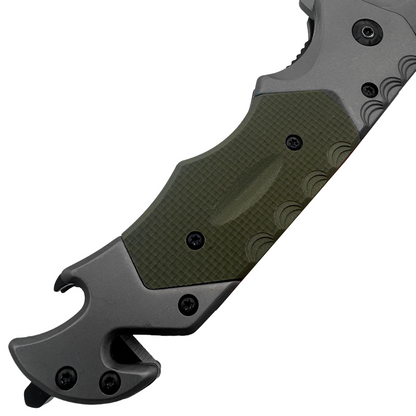 RT 2014-GN 5" Rtek Green G-10 Handle Assist-Open Rescue Folding Knife with Glass Breaker, Belt Cutter, Bottle Opener, & Belt Clip
