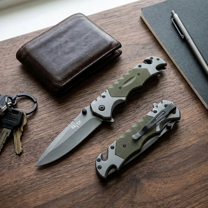 RT 2014-GN 5" Rtek Green G-10 Handle Assist-Open Rescue Folding Knife with Glass Breaker, Belt Cutter, Bottle Opener, & Belt Clip