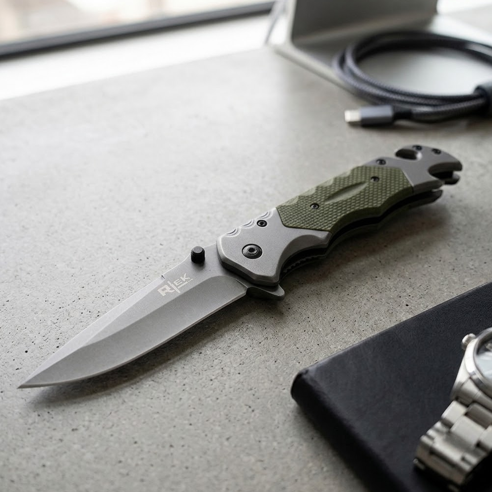 RT 2014-GN 5" Rtek Green G-10 Handle Assist-Open Rescue Folding Knife with Glass Breaker, Belt Cutter, Bottle Opener, & Belt Clip