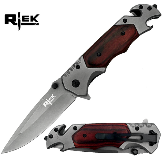 RT 2014-WD 5" Rtek Wood Handle Assist-Open Rescue Folding Knife with Glass Breaker, Belt Cutter, Bottle Opener, & Belt Clip