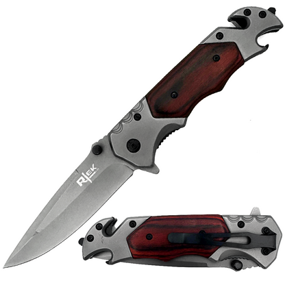 RT 2014-WD 5" Rtek Wood Handle Assist-Open Rescue Folding Knife with Glass Breaker, Belt Cutter, Bottle Opener, & Belt Clip