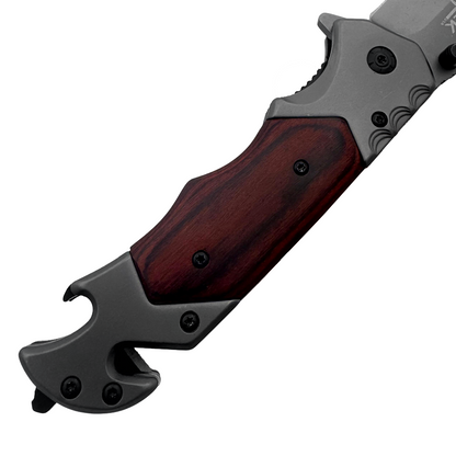 RT 2014-WD 5" Rtek Wood Handle Assist-Open Rescue Folding Knife with Glass Breaker, Belt Cutter, Bottle Opener, & Belt Clip