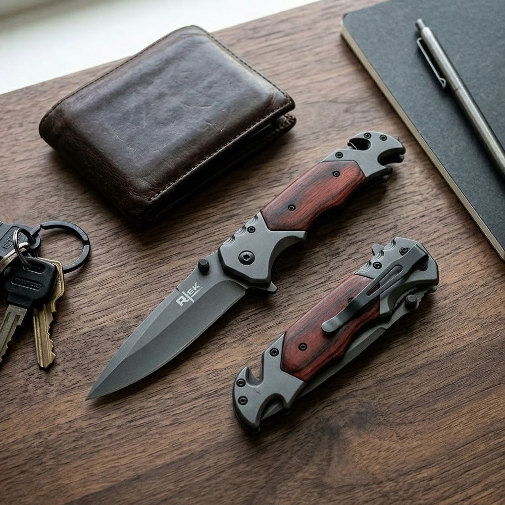 RT 2014-WD 5" Rtek Wood Handle Assist-Open Rescue Folding Knife with Glass Breaker, Belt Cutter, Bottle Opener, & Belt Clip
