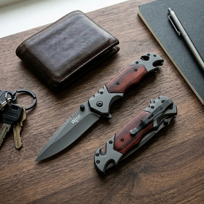 RT 2014-WD 5" Rtek Wood Handle Assist-Open Rescue Folding Knife with Glass Breaker, Belt Cutter, Bottle Opener, & Belt Clip