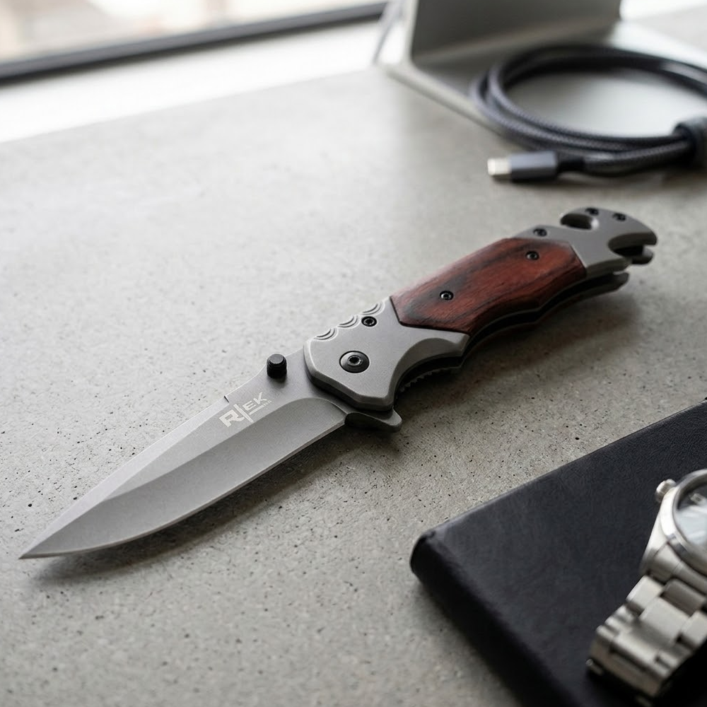 RT 2014-WD 5" Rtek Wood Handle Assist-Open Rescue Folding Knife with Glass Breaker, Belt Cutter, Bottle Opener, & Belt Clip