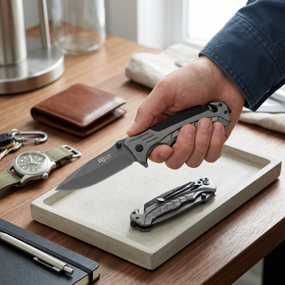 RT 2015-BK 5" Rtek Black G-10 Handle Assist-Open Rescue Folding Knife with Glass Breaker, Belt Cutter, Belt Clip
