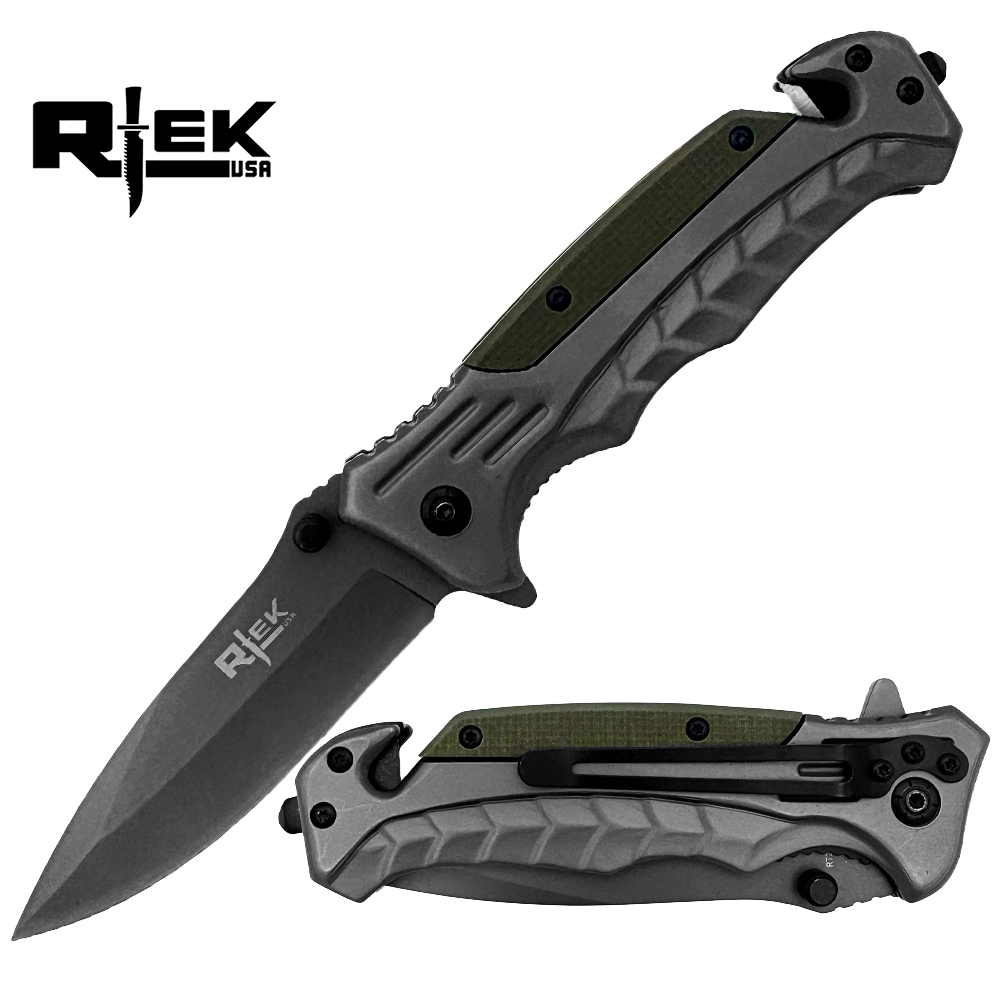 RT 2015-GN 5" Rtek Green G-10 Handle Assist-Open Rescue Folding Knife with Glass Breaker, Belt Cutter, Belt Clip