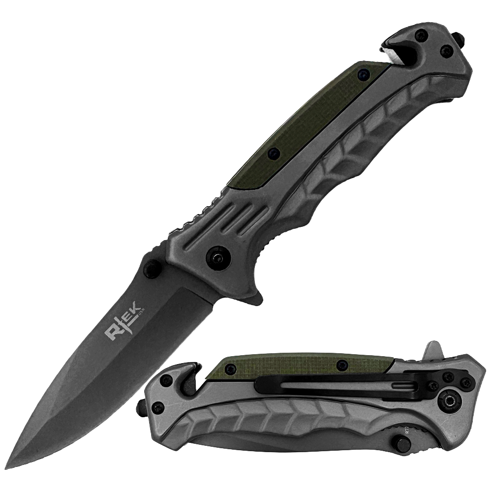 RT 2015-GN 5" Rtek Green G-10 Handle Assist-Open Rescue Folding Knife with Glass Breaker, Belt Cutter, Belt Clip