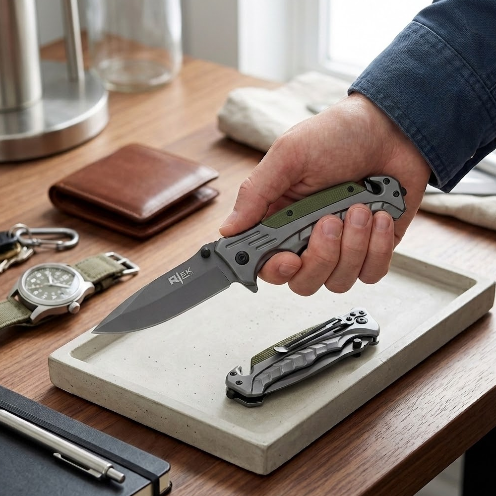 RT 2015-GN 5" Rtek Green G-10 Handle Assist-Open Rescue Folding Knife with Glass Breaker, Belt Cutter, Belt Clip