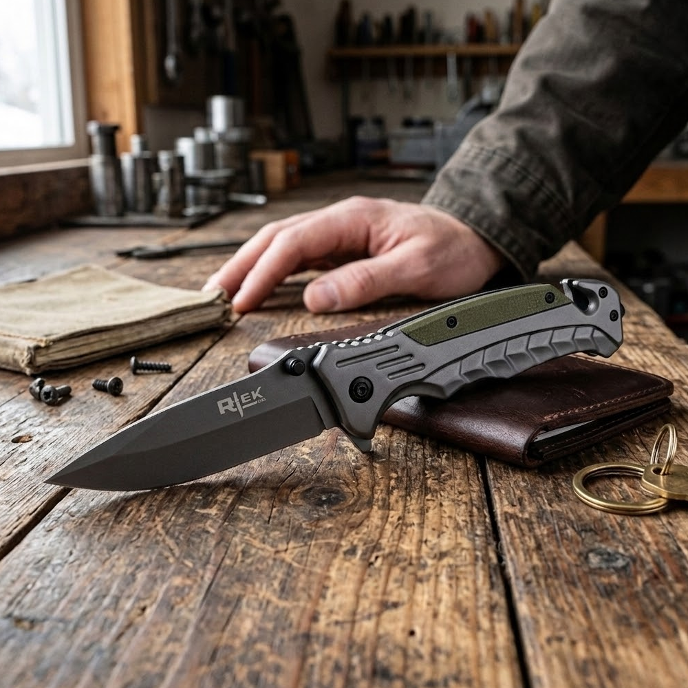 RT 2015-GN 5" Rtek Green G-10 Handle Assist-Open Rescue Folding Knife with Glass Breaker, Belt Cutter, Belt Clip