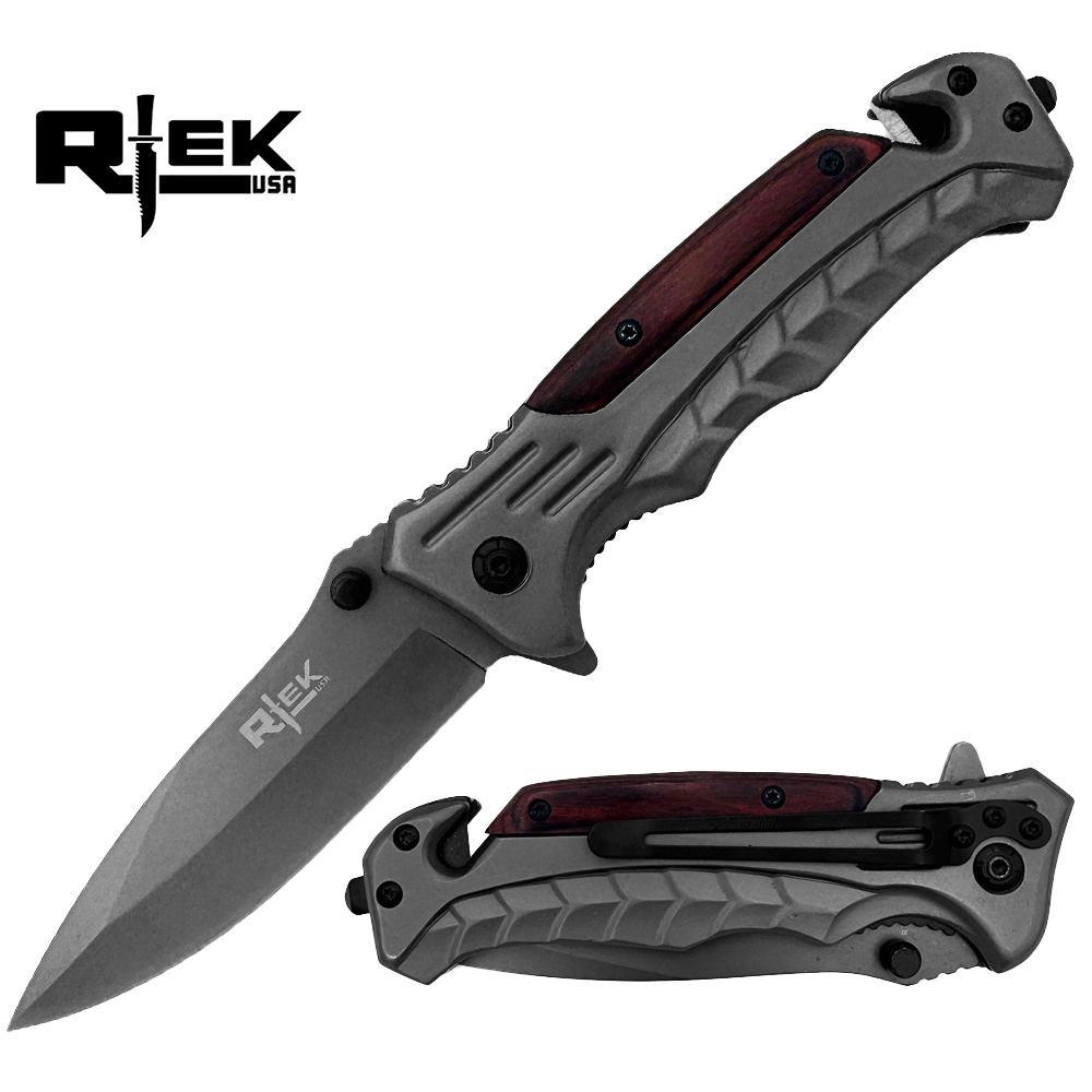 RT 2015-WD 5" Rtek Wood Handle Assist-Open Rescue Folding Knife with Glass Breaker, Belt Cutter, Belt Clip