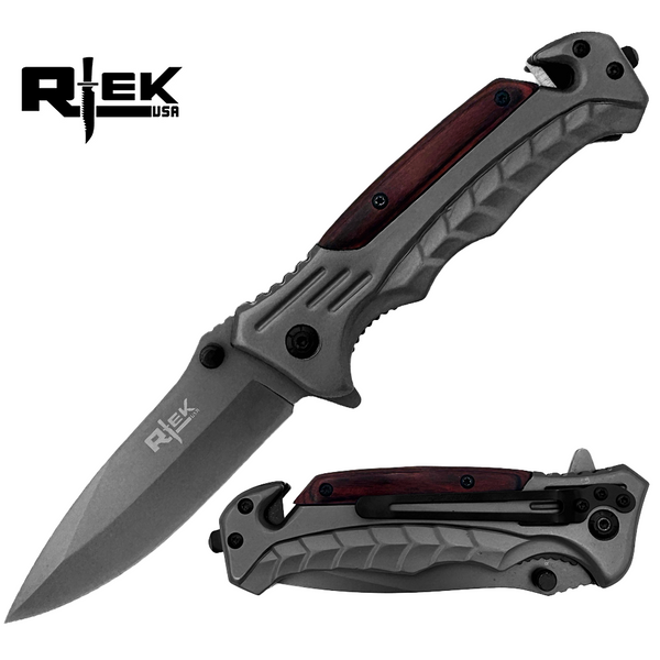 RT 2015-WD 5" Rtek Wood Handle Assist-Open Rescue Folding Knife with Glass Breaker, Belt Cutter, Belt Clip