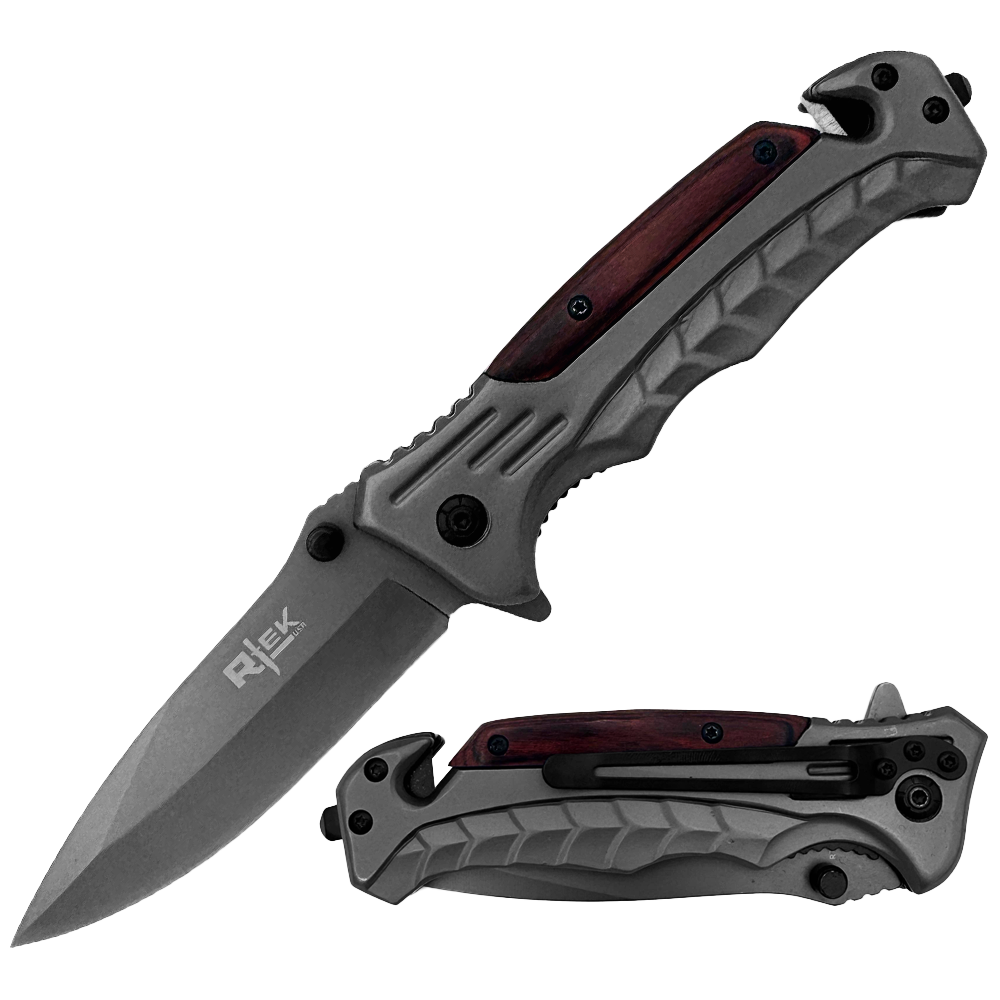 RT 2015-WD 5" Rtek Wood Handle Assist-Open Rescue Folding Knife with Glass Breaker, Belt Cutter, Belt Clip