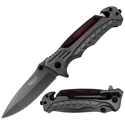 RT 2015-WD 5" Rtek Wood Handle Assist-Open Rescue Folding Knife with Glass Breaker, Belt Cutter, Belt Clip