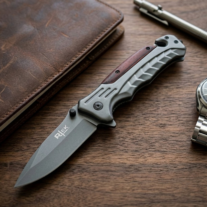 RT 2015-WD 5" Rtek Wood Handle Assist-Open Rescue Folding Knife with Glass Breaker, Belt Cutter, Belt Clip