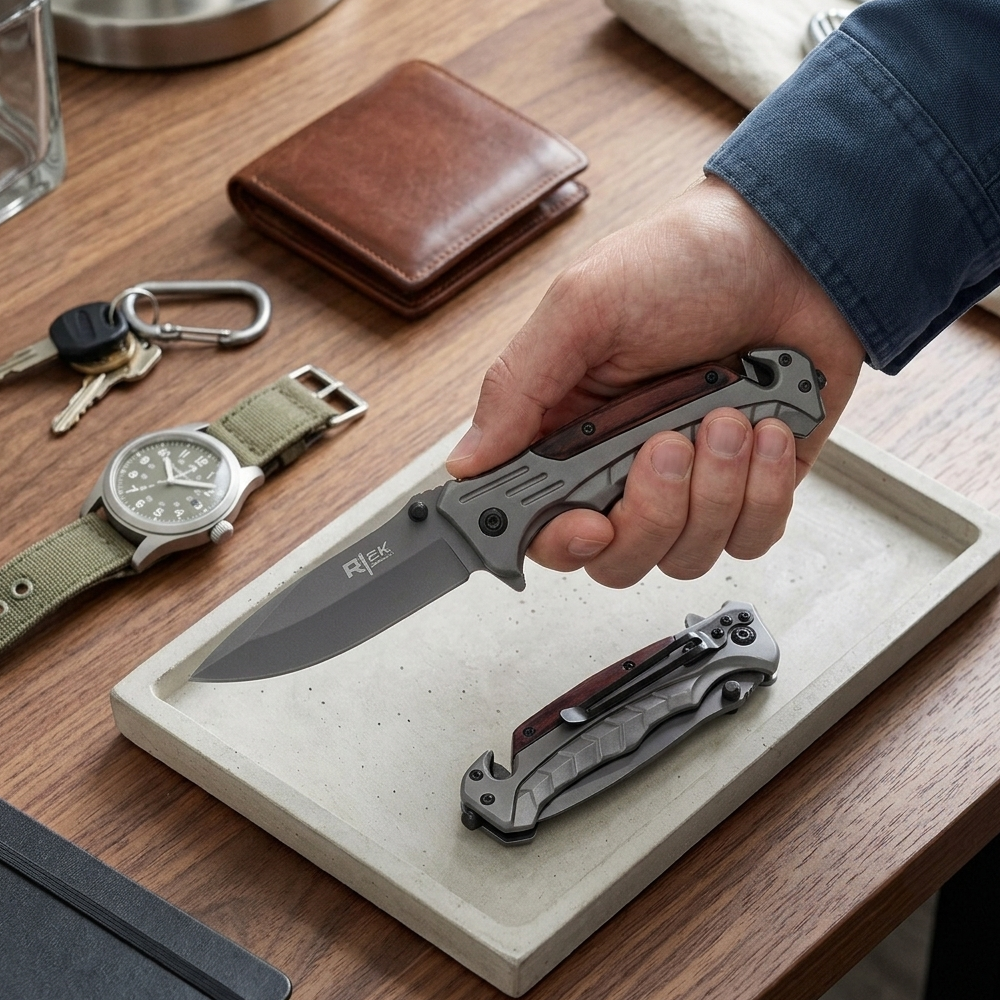 RT 2015-WD 5" Rtek Wood Handle Assist-Open Rescue Folding Knife with Glass Breaker, Belt Cutter, Belt Clip