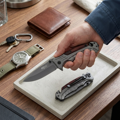 RT 2015-WD 5" Rtek Wood Handle Assist-Open Rescue Folding Knife with Glass Breaker, Belt Cutter, Belt Clip