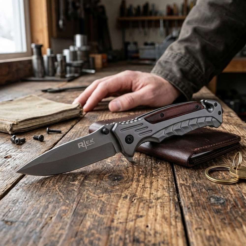 RT 2015-WD 5" Rtek Wood Handle Assist-Open Rescue Folding Knife with Glass Breaker, Belt Cutter, Belt Clip