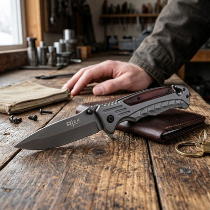 RT 2015-WD 5" Rtek Wood Handle Assist-Open Rescue Folding Knife with Glass Breaker, Belt Cutter, Belt Clip
