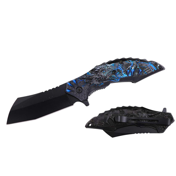 RT 7368-BL 4.25" Blue Dragon 3D Handle Cleaver Blade Assist-Open Folding Knife with Belt Clip
