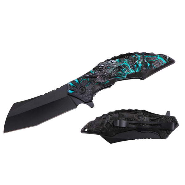 RT 7368-GN 4.25" Green Dragon 3D Handle Cleaver Blade Assist-Open Folding Knife with Belt Clip