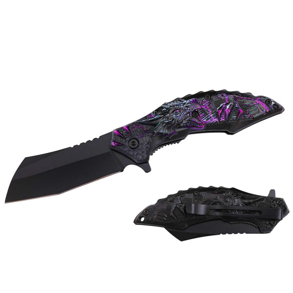 RT 7368-PU 4.25" Purple Dragon 3D Handle Cleaver Blade Assist-Open Folding Knife with Belt Clip
