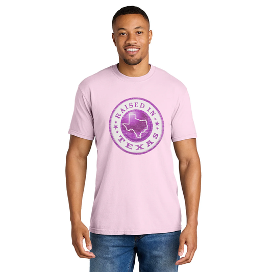Men's Comfort TX graphic T-shirt by Rex Distributor, Inc., featuring a raised-in-Texas design on a casual shirt.
