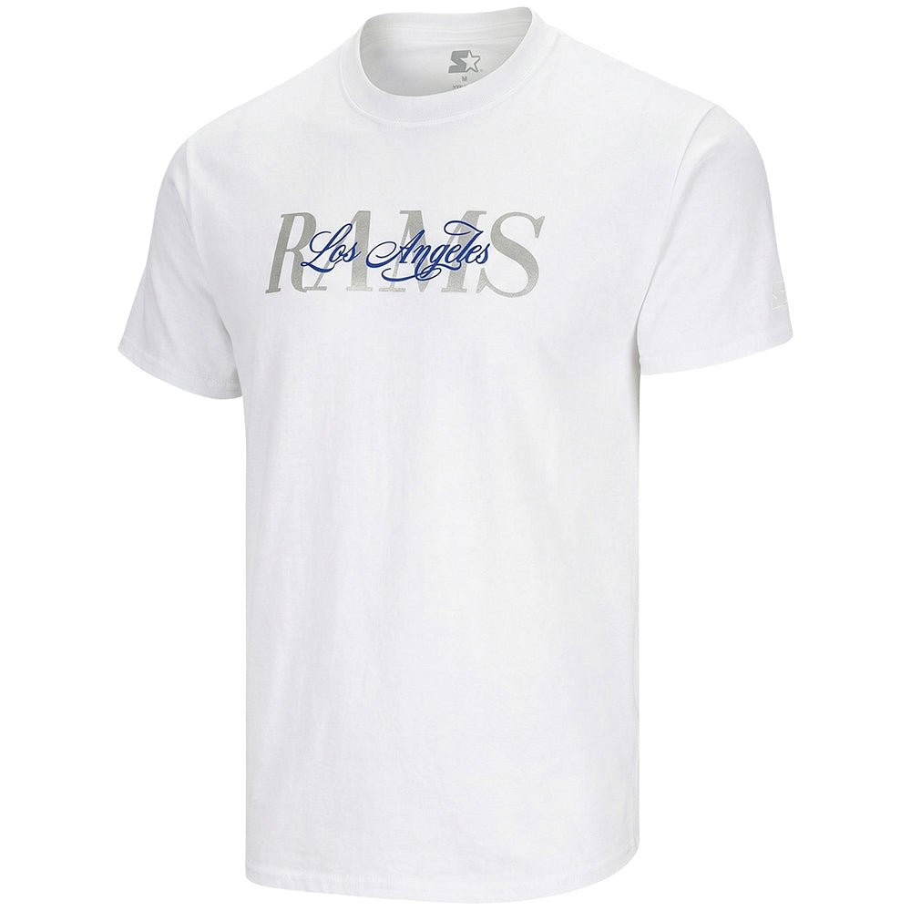 Men's white Los Angeles Rams Starter T-shirt featuring team logo and "Rep the Royal" design, casual fan apparel, front view.