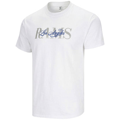 Men's white Los Angeles Rams Starter T-shirt featuring team logo and "Rep the Royal" design, casual fan apparel, front view.