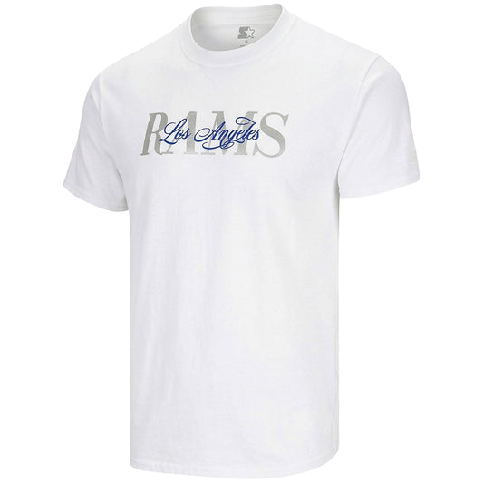 Men's white Los Angeles Rams Starter T-shirt with team logo and "Rep the Royal" text, casual and comfortable sports fan shirt.