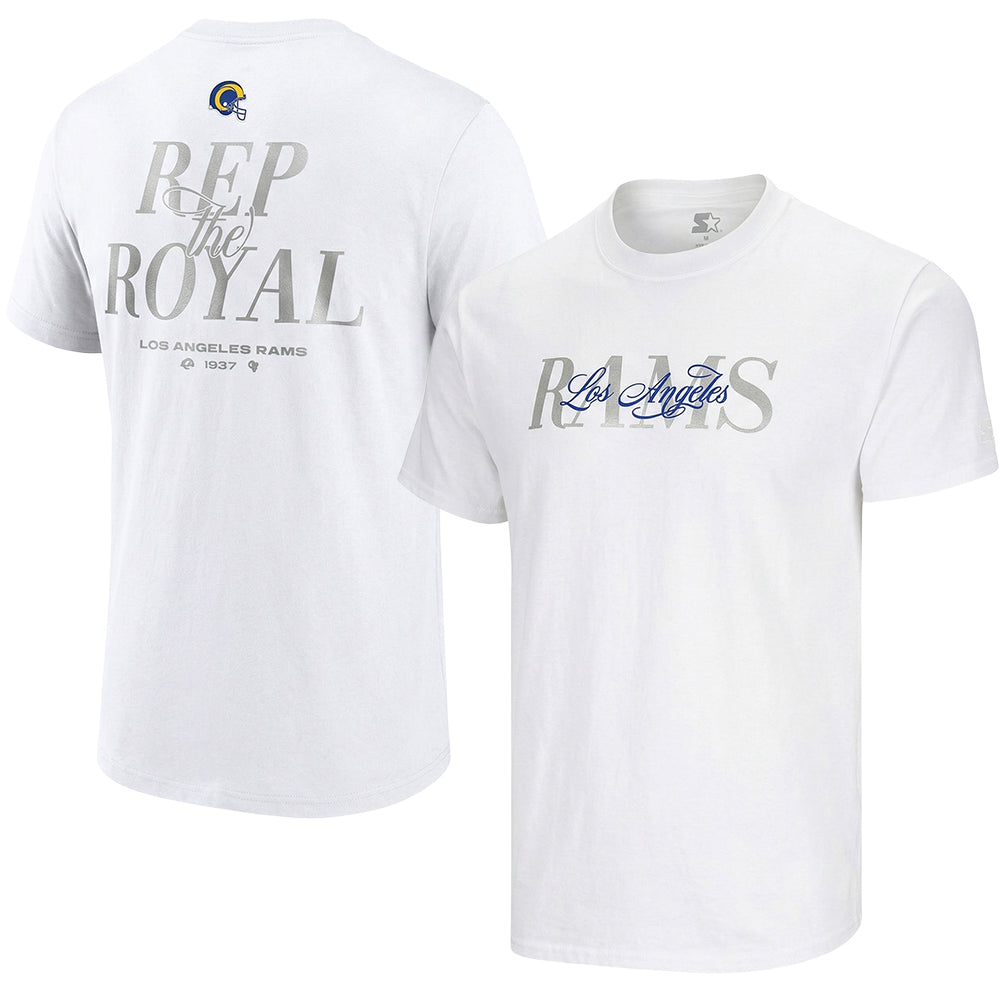 Men's Los Angeles Rams Starter white T-shirt featuring team logo and "Rep the Royal" design, casual fan apparel.