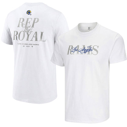 Men's Los Angeles Rams Starter white T-shirt featuring team logo and "Rep the Royal" design, casual fan apparel.