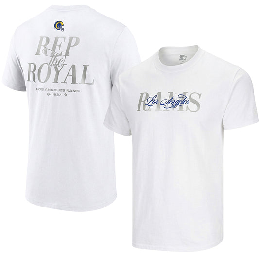 Men's white Los Angeles Rams Starter T-shirt featuring Rams logo and design, perfect for fans and casual wear.
