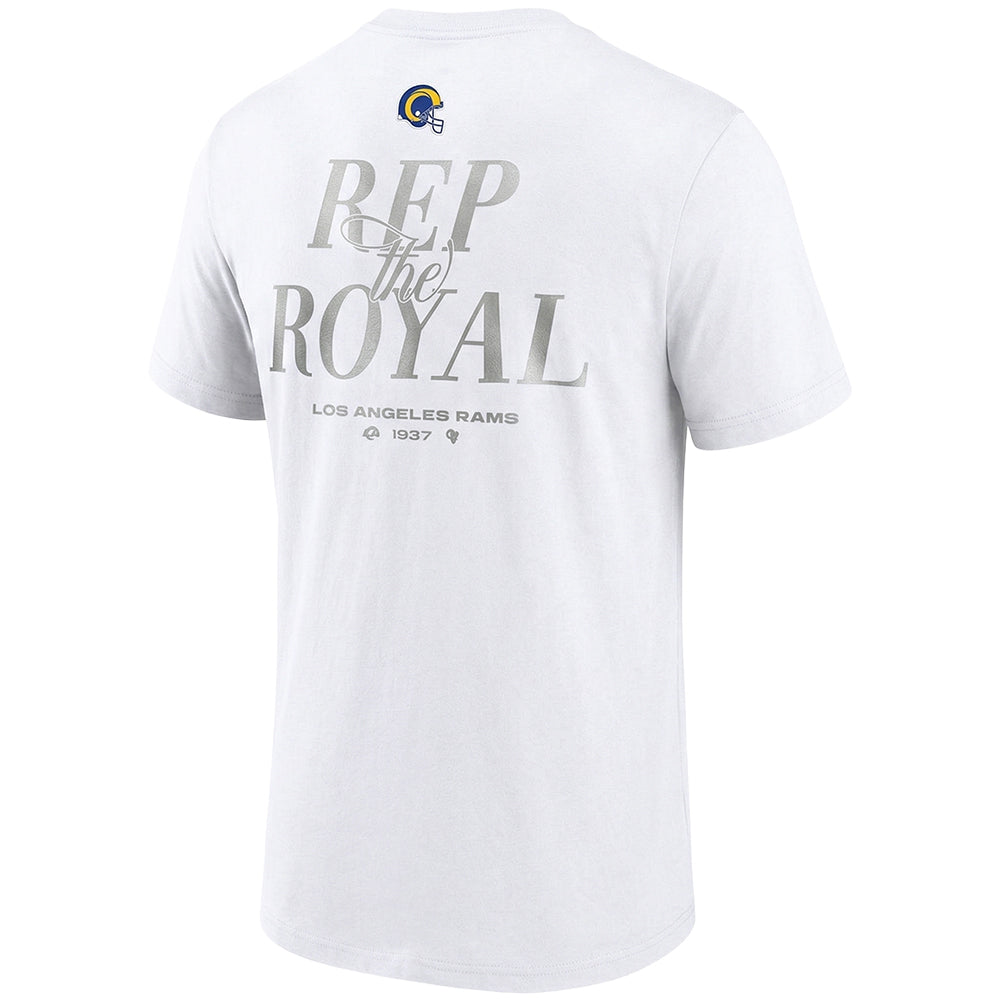 Men's white Los Angeles Rams Starter T-shirt with team logo and "Rep the Royal" design, casual NFL fan apparel.