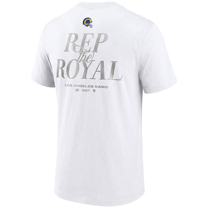 Men's white Los Angeles Rams Starter T-shirt with team logo and "Rep the Royal" design, casual NFL fan apparel.