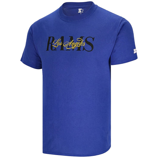 Men's Los Angeles Rams Starter royal blue T-shirt featuring Rams logo and team graphics, casual game day apparel.