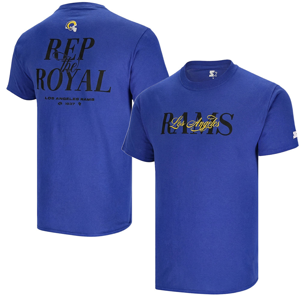 Men's Los Angeles Rams royal blue Starter Rep the Royal T-shirt featuring team logo and design on front.