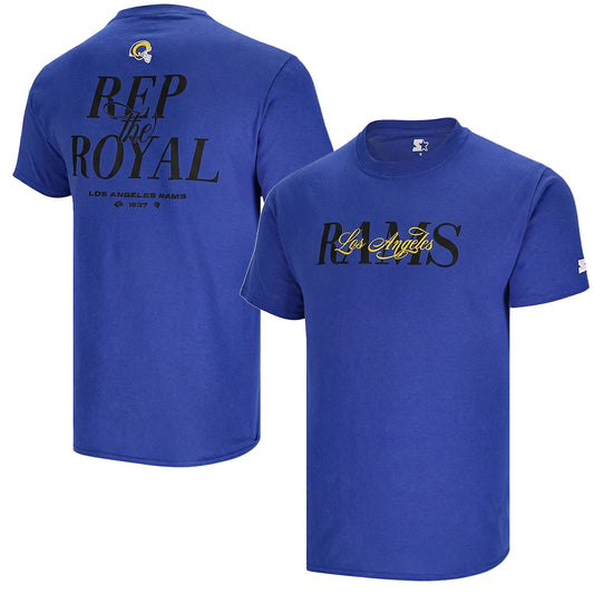 Men's Los Angeles Rams Starter royal blue T-shirt featuring Rams logo and team graphics, perfect for Rams fans.