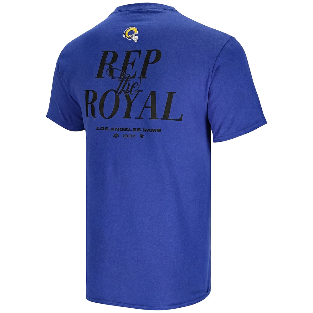 Men's Los Angeles Rams Starter royal blue T-shirt with Rams logo and "Rep the Royal" graphic, casual sports fan apparel.