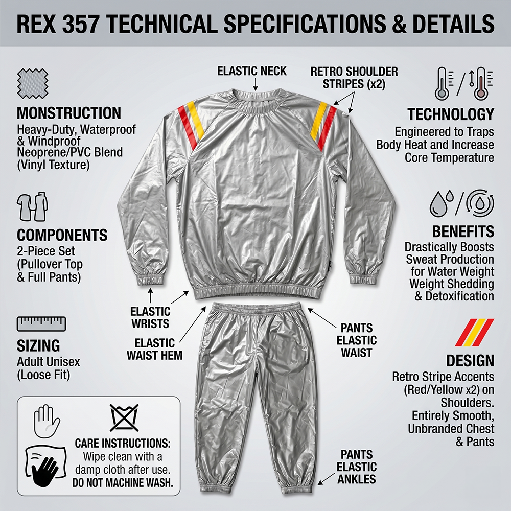 Unisex REX 357 sauna suit for boxing and fitness, full-body sweat suit designed for weight loss and detox workouts.