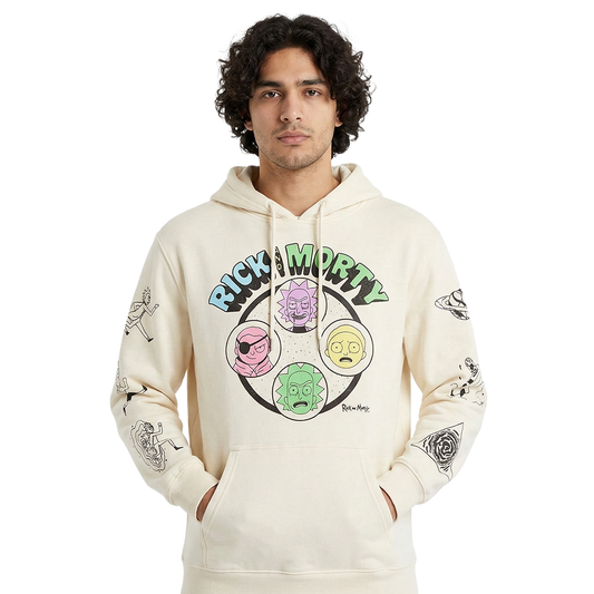 Men's Rick and Morty graphic hoodie pullover by Mad Engine featuring a colorful Rick and Morty design on the front.