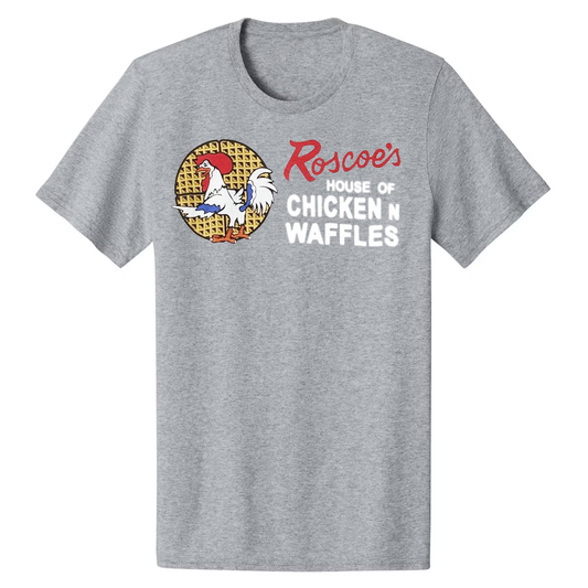 Men's grey Heather graphic T-shirt featuring Roscoe's House of Chicken N Waffles logo by Rex Distributor, Inc.