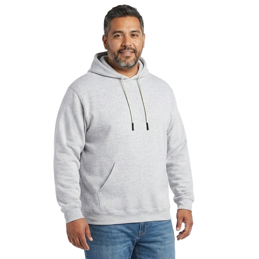 Russell Athletic men's solid hooded sweatshirt in heather grey, featuring a front pocket and adjustable drawstring hood.