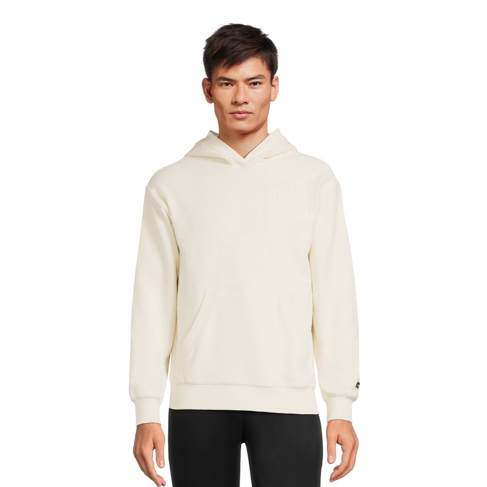 Men's and Big Men's Russell Athletic plush hoodie in off white, showing front view with soft, cozy fabric and hood details.