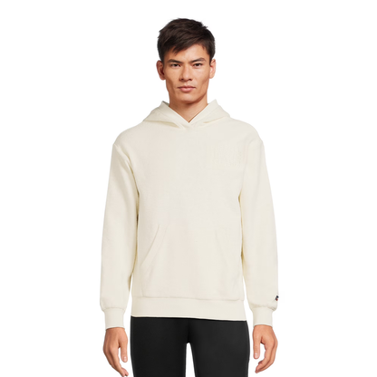 Men's and Big Men's Russell Athletic plush hoodie in off white, showing front view with soft, cozy fabric and hood details.