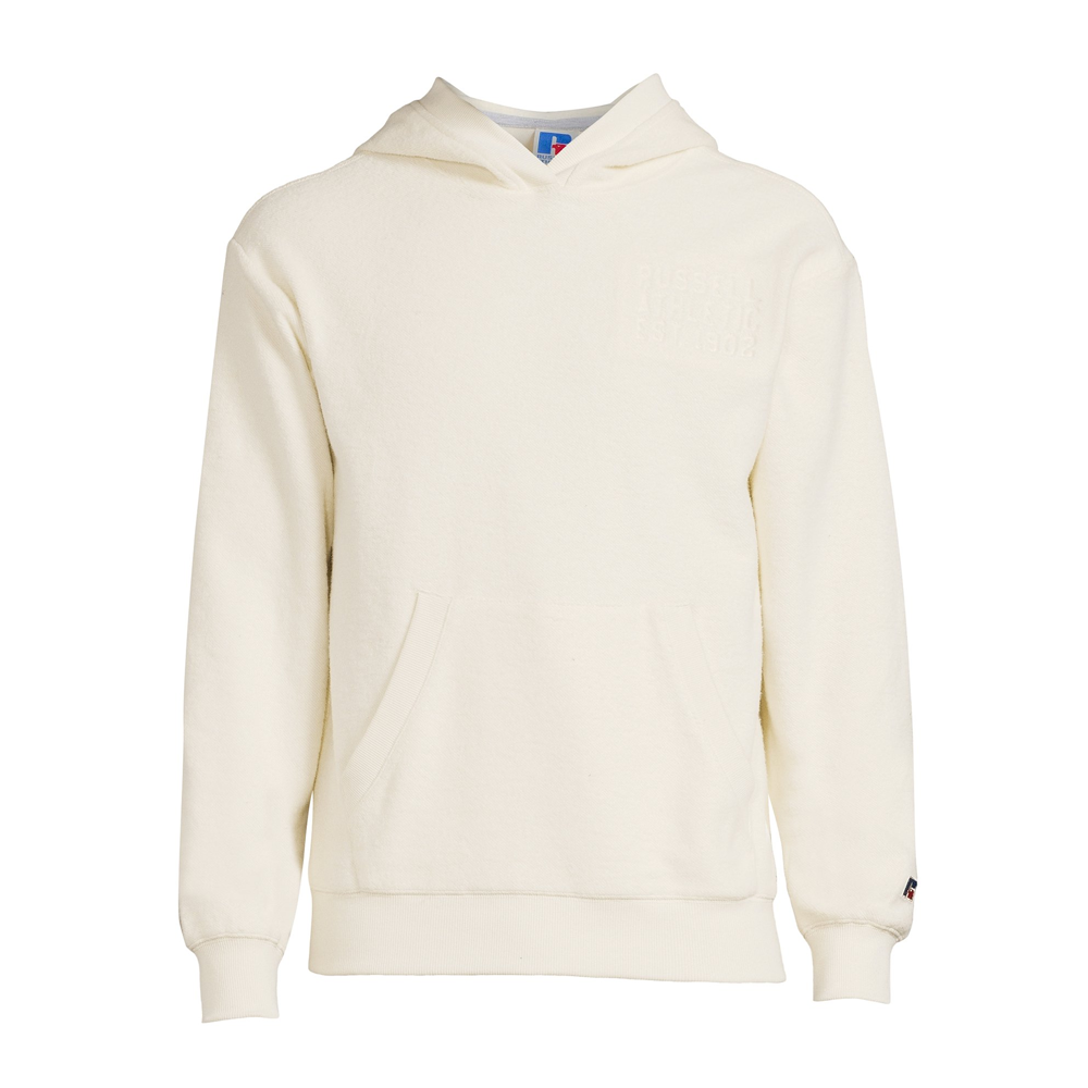 Russell Athletic men's plush hoodie in off-white, available in sizes S to 4XL, featuring a cozy, soft fabric and classic hood design.