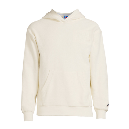 Russell Athletic men's plush hoodie in off-white, available in sizes S to 4XL, featuring a cozy, soft fabric and classic hood design.